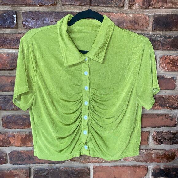 Blush Mark Green Liquid Knit Short Sleeve Button Down Crop Top Women's Size 0X - Picture 1 of 6